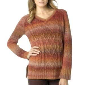 PRANA soft V-neck cable knit orange stripe sweater